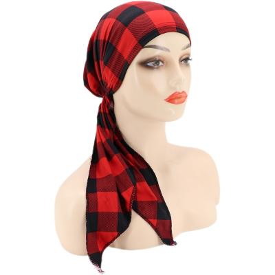 중국 Woman Satin Boho Buffalo Plaid Hair Head Chemo Cancer Sleep Skullies Beanies Turban 판매용