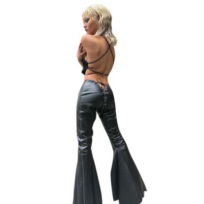 China New City QUICK DRY Design Women Bandage Low Waist Pants And Leather Pants Women Flare Leg Pants Women Casual Trousers 2021 for sale