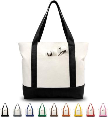 China Zipper Closure Stylish Canvas Tote Bag With External Pocket Daily Essentials Black Natural for sale