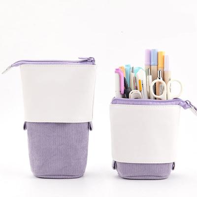 China Telescopic Stationery Zipper Pencil Cases , Purple PU Corduroy Pencil Case for sale