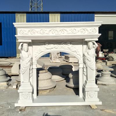 China Modern Western Style White Stone Hand Carve Solid Marble Fireplace Mantel With Lady Statue For Home Decor for sale