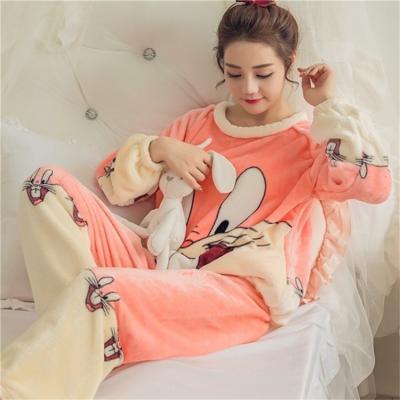 China Hot Sale Thermal Lady's Home Cartoon Thickened Winter Nightgown Flannel Pajamas Sleepwear Set for sale