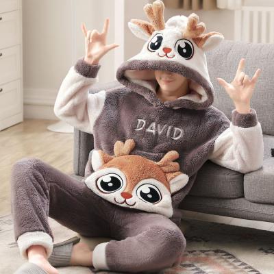 China Thermal 2022 Winter Boys Plush Thickened Cartoon Hooded Pajamas Student Flannel Sleepwear Warm Animal Print Set for sale