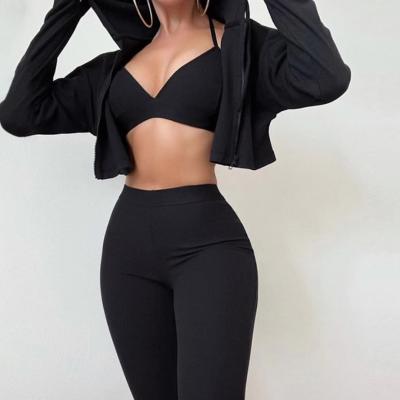 China Wholesale New Autumn Girl's Fashion Zipper Cardigan Casual Pants QUICK DRY Slim Top Waist Hooded High Crop Set Women's Clothing 2pcs for sale