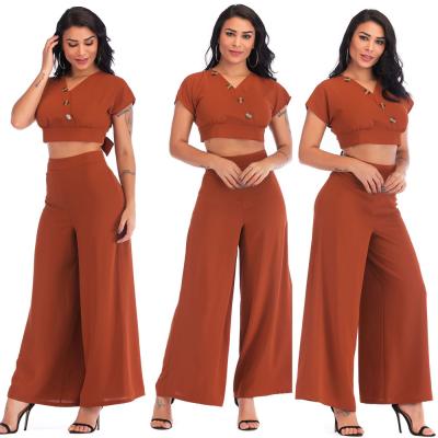 China Fashion QUICK DRY warm v-neck short sleeve blouse flared pants suit women's clothing drop pants two-piece set for sale