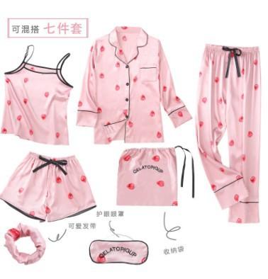 China Hot Selling Unique Design QUICK DRY Satin Pajamas Cute Silk Soft Women's Sleepwear 7 Piece Satin Pajamas Set Sleepwear Sets 2021 for sale