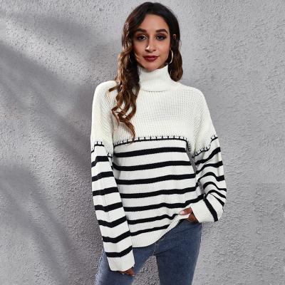 China Anti-wrinkle winter style new striped stitched off shoulder high neck knitted lady sweater sleeves long neck casual women's turtle sweater for sale