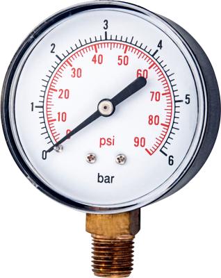 China 63mm lower pressure gauge with black steel case and black bezel brass high pressure connection 1.5