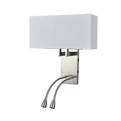 China Lighting Super 8 Functions Brushed Nickel Single Wall Sconce With White Fabric Shade For Hotel Guest Room for sale