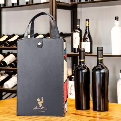 China Wholesale Custom Logo Luxury Hot Stamping 2 Beverage Boxes Wine Gift Bag Leather Folding Bottle Box for sale