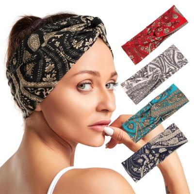 China Lady Cloth Art Wide Cross Women Hairband New Fashion Selling Hair Accessories Hot Popular EUR-American Bohemian Flower Headband Printing for sale