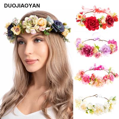 China New Trendy Bohemia Spring Summer Wedding Halo Wedding Bridal Rose Flower Crown Hair Wreath Floral Headband for sale