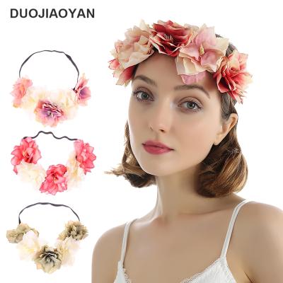 China New popular custom made wedding floral headband artificial flower hair accessories headwear color headband wreath elastic women wreath for sale