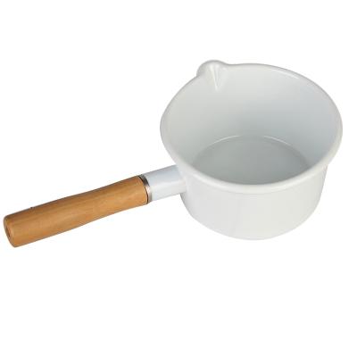 China Sustainable Hot Selling White Enamel Milk Pot 17Cm Mini Red Milk Pan Wood Handle Single Saucepan for sale