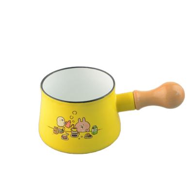 China Sustainable High Quality Enamel Milk Pot With Saucepan Wood Simple Handle Fried Egg Handle Cute Milk Pan for sale