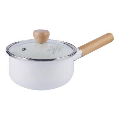 China Sustainable European White Metal Eco Emamel Milk Pan Coated Cookware Kitchen Pans With Single Wood Handle for sale