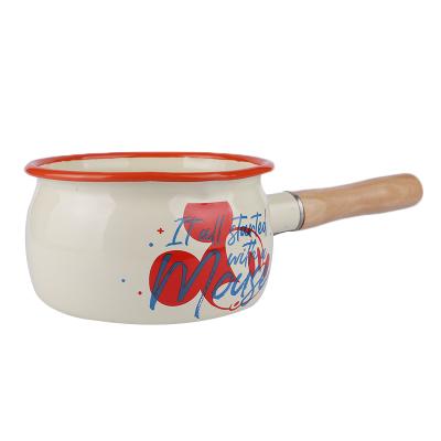 China Good Selling Single Handle Kitchen Stick Sauce Pan Wooden Enamel Viable Non Cooking Small Saucepan for sale