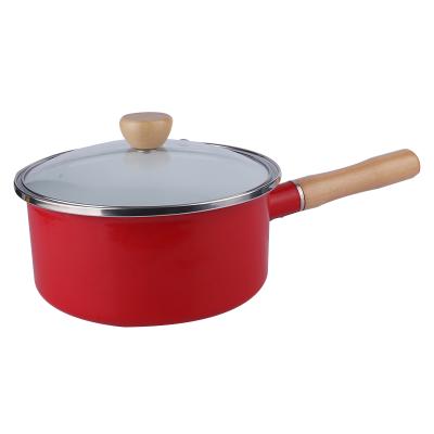 China Viable Japanese Wood Handle Enamel Saucepan Red Color Saucepan Saucepan Red Color Glass Casserole Cooking Pot for sale