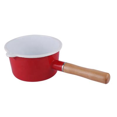 China Sustainable Good Sale Milk Pan Set Enamel Milk Warmer Pot With Simple Wooden Handle for sale