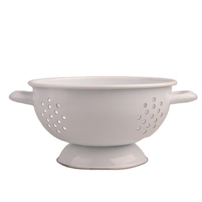 China Viable western style color leak white fruit basket enamel double handle fruit and vegetable basket for sale