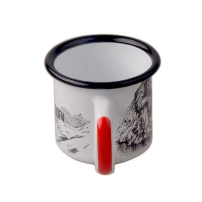 China Sustainable Printed Enamel Mugs Mug Custom Printed Reusable Travel Coffee Mug With Red&White Handle for sale