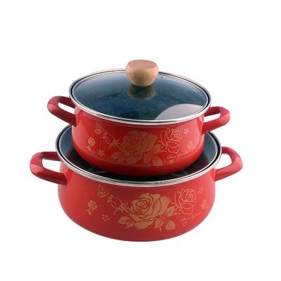 China Sustainable Enamel Cooking Pots Cookware Set Red Color Enamel Cooking Pot for sale