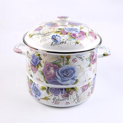 China Customized Viable 0.7mm Purple Rose Enamel Pot High Quality Russian Enamel Steamer Pots For Sale for sale