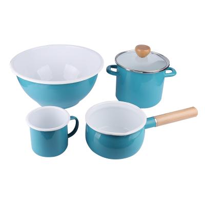 China Sustainable European Style Mug / Bowl / Pot / Casserole Enamel Coated Cast Iron Blue Color Decorative Cookware Set for sale