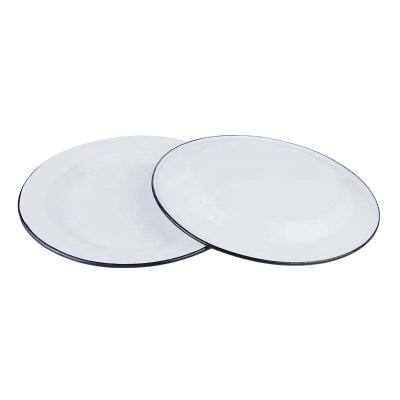 China Sustainable Wholesale Enamel Plates Custom White Round Enamel Plates Dinner Dishes With Blue Surround for sale