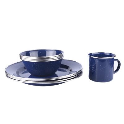 China Sustainable Superior Quality Enamel Exterior Blue Spotted Camping Dinnerware Sets With Silver Rim for sale