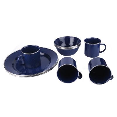 China Sustainable Camping 12pcs Dinnerware Set Enamel Mug / Bowl / Dish Dinnerware Set With Stainless Steel Rim for sale