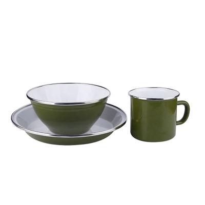 China Sustainable 3pcs Army Green Enamel Metal Mug / Dish / Bowl Camping Cook Dinnerware Set With Stainless Steel Rim for sale