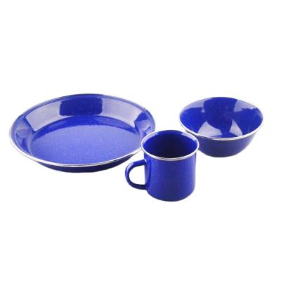 China Sustainable Blue Color Portable Dinnerware Set Enamel Camping Utensils Set Bowl for sale