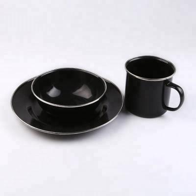 China Sustainable available in two colors enamel dishes and bowls camping portable tableware set with cup for sale