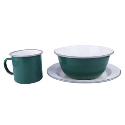 China Sustainable Camping 3pcs Dinnerware Set Army Green Party Dinnerware Set Luxury Enamel Dish / Bowl for sale