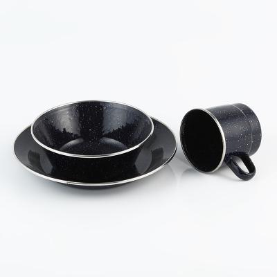 China Sustainable Luxury Metal Tableware Set Black Color Metal Enamel 3pcs Cups Bowls And Plates Dinnerware Set for sale