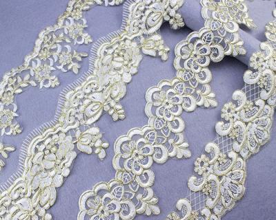 China Sustainabl Embroidery Lace 10cm White Gold Garment Underwear Embroidery Lace Trim Wide Silk Floral Tulle Fabric for sale