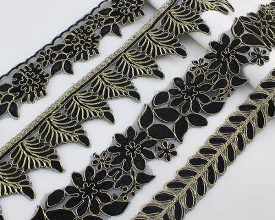 China Sustainable Wholesale Decorative Embroidery Wedding Trim Ribbon Lace Up Shiny Black White Embroidered Lace Fabric for sale