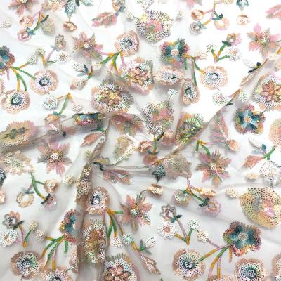 China Viable High Quality Colorful Sequin Embroidered Flower Bead Tulle Lace Party Dress Fabric For Kids for sale