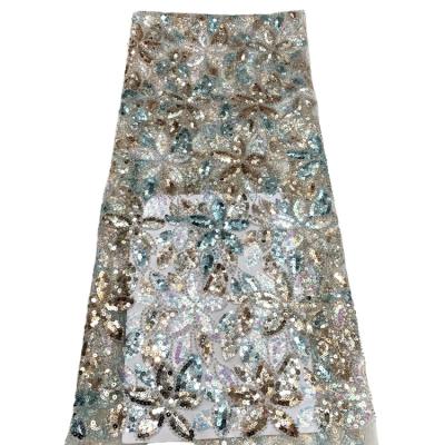 China ZG47 flat quinqueflower leaf bead tube viable high quality full sequins embroidered french tulle lace dress fabric for sale