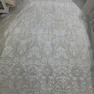 China Instant Sterling Silver White Wedding Dress Fabric Plastic Bridal Craft Glitter 2mm Powder 2mm Beads Lace Tulle Mesh Evening Dress Fabric for sale