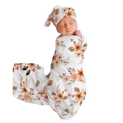 China Folded Newborn Baby Wrap Elastic Receiving Blanket Hair Band 3 Piece Set Baby Sleep Wrap Blanket Hats Cloth for sale