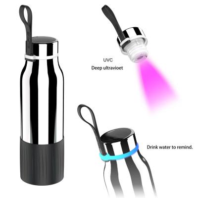 China 2022 Patent Viable Design Novelty Camping Stainless Steel Water Purification Outdoor UV Water Bottles With SOS Flashlight for sale