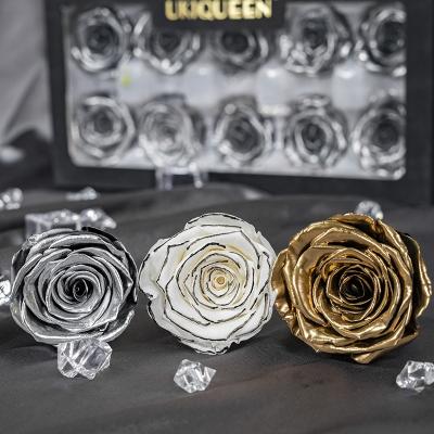 China Hot Selling Eternal Silver Gold Rose Preserved Flower Head Preserved Rose Flower Head of Vlentines Day for sale