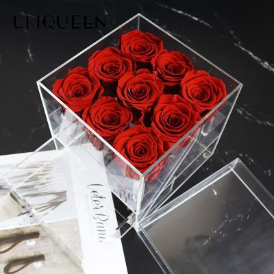 China Wholesale Natural Vlentines Real 9 Day Holes Everlasting Immortal Roses Box Flower Packaging Acrylic for sale