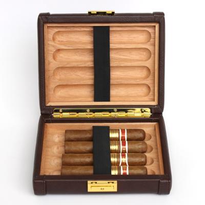 China Handmade Cedar Wood Portable Travel Leather Cigar Packing Case Cigar Humidor Case Hold 8 Cigars for sale