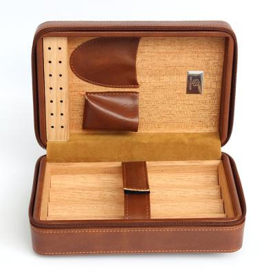 China Handmade Luxury Genuine Leather Wooden Folding 4 Finger Cigar Case Travel Cigar Case for sale