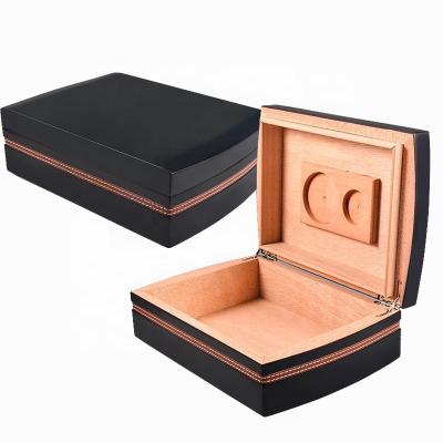 China PU Handmade Black Leather Cedar Box Wood Cigar Humidor Cabinet Humidor for sale