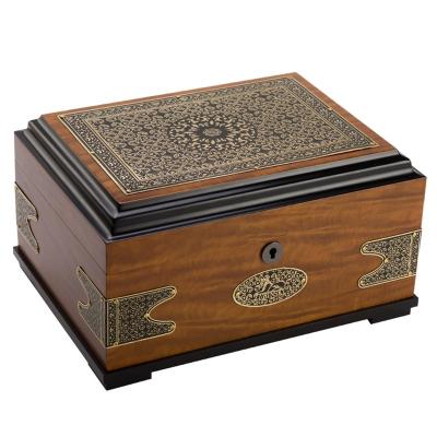 China Custom Handmade Russian Art Metal Plate Cedar Wood Boxes Cigar Humidor Painting Wood Cabinet With Lock for sale