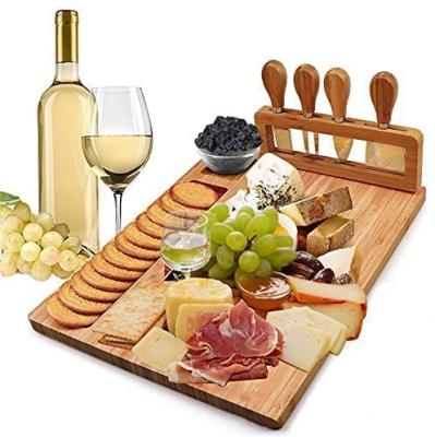 China Wine Wedding Viable Housewarming Gift Cookies Meat Serving Tray Wood Charcuterie Platter Unique Cheese Board and Bamboo Knife Set for sale